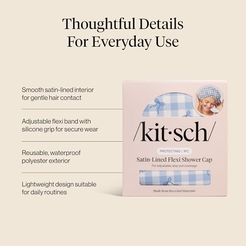 Image of Kitsch Luxury Satin-Lined Flexi Shower Caps for Women Reusable Waterproof - Large Wide Shower Cap for Women & Men, Adjustable, Stylish Hair Cap for Showers, For Long & Short Hair - Gingham Blue