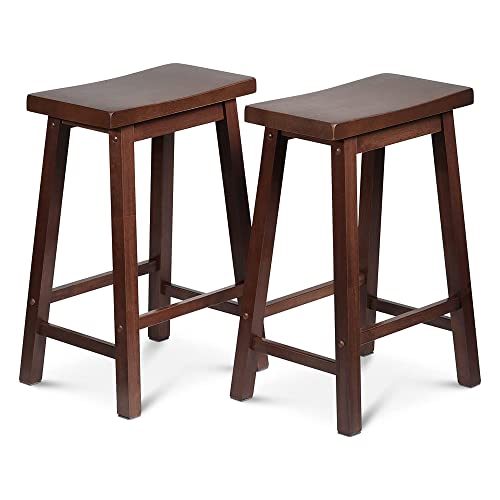 Image of PJ Wood - 24 in Backless Saddle Seat Counter Stools - Walnut 2-Piece Set | Solid Parawood, FSC-Certified, A-Frame Design, Built-In Footrests, 225 lb Capacity, Rectangular Shape, Easy Assembly