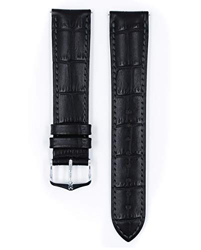 Hirsch Duke Calf Watch Strap - Black Band/Silver Buckle - Xl - 22Mm / 20Mm - Shiny Silver Buckle - Alligator Embossed Calf Leather Band #TOP1