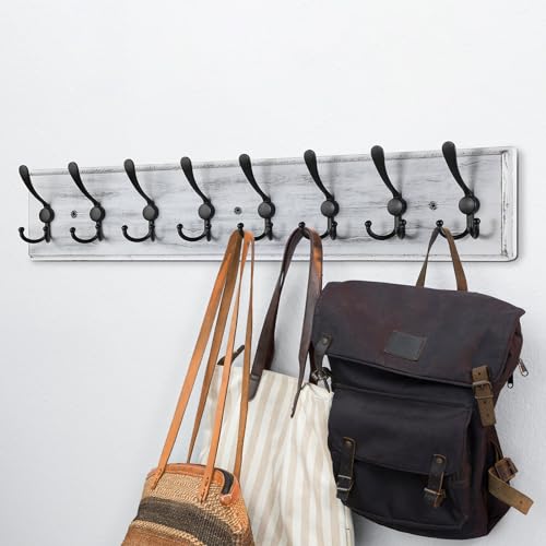 Porte-manteau mural en bois robuste gris blanc à 8 crochets - 7
