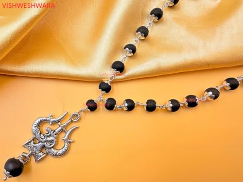Image of Govt. Lab Certified Karungali Om Shiv Triushul Malai Original | 100% Natural Ebony Wood (54+1) Beads Mala 8mm in German Silver Cap | for Men & Women