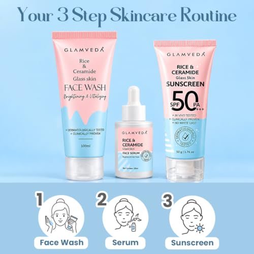 Image of Glamveda Korean Rice & Ceramide 3 Step Daily Skincare Routine | Face Wash, Serum & Sunscreen | For Clear, Glass Korean Skin Brightening & Hydrated Skin | For Men & Women