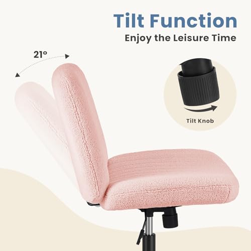 Image of DUMOS Criss Cross Chair with Wheels, Wide Cross Legged Office Desk Vanity Chairs, Armless Adjustable Swivel Chairs for Home Computer Task, Teddy Pink