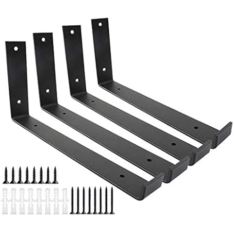 Shelf Brackets 12 Inch 4PCS Heavy Duty Frosted Black Wall Bracket with Lip for Floating Shelves Rustic Iron Metal Shelf Bracket for DIY Open Shelving Hardware Included Cover