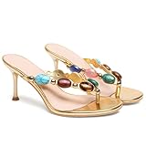 Oakmoo Women's Jeweled Thong Strappy Sandal Summer Mules Kitten Heels Flip Flop Round Open Toe Mid Heels Fashion Wedding Party Dress Thong Casual Shoes
