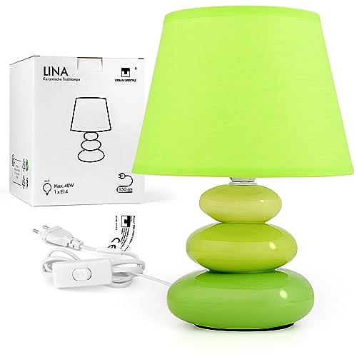 Nachttischlampe 'Lina' (Grün) Tischleuchte Keramik Tischlampe mit Stoffschirm, LED geeignet, E14 230V Keramik, Tischlampe, Nachttischleuchte, Fenster Lampe, Sofalampe. Fensterbank Lampen