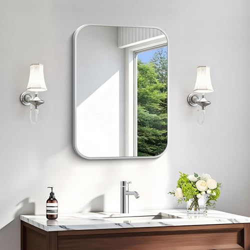 Image of Silver Bathroom Mirror, 18 x 24 Inch Rectangle Mirrors for Wall, Rounded Corner Metal Framed Wall Mounted Mirror for Over Sinks Living Room Bedroom Entryway Hangs Horizontal /Vertical