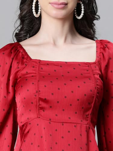 Image of Women Solid Round Neck Elasticated Polka Print Long Sleeve Top