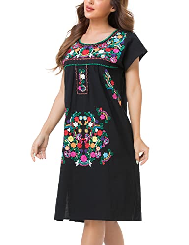 Image of YZXDORWJ Women Mexican Embroidered Long Dress Ruffle Collar Maxi Boho Floral Summer Short Sleeve