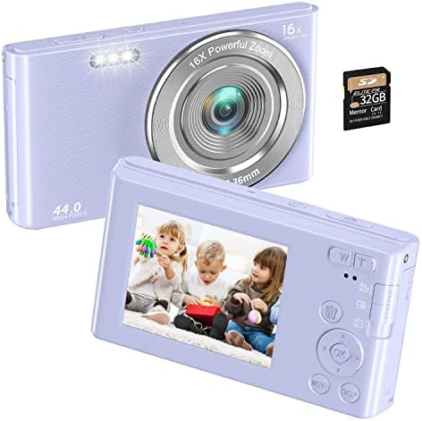 Digital Camera 4K 44MP Compact Point and Shoot Camera with 16X Digital Zoom 32GB SD Card,Kids Camera 2.4 Inch, Vlogging Camera for Teens Students Boys Girls Seniors(Purple2)