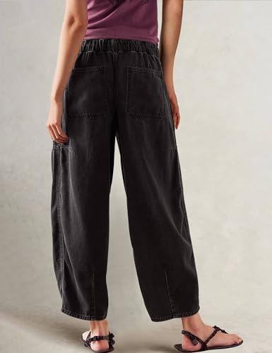 People Free Dupe, People Free Dupe Pants Barrel Jeans for Women Stretch Elastic Waist Pull-on Wide Leg Baggy Pants Lightweight Casual Crop Denim with Drawstring2