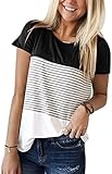 Women's Short Sleeve Color Block Striped Round Neck T-Shirt Tops Black Medium