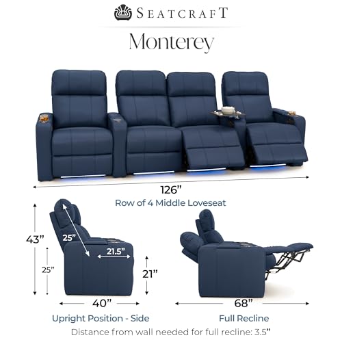 Image of Seatcraft Monterey Home Theater Seating Navy Blue Row of 4 Middle Loveseat