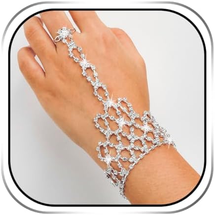 ACEDRE Rhinestone Bride Ring Chain Bracelet Silver Sparkly Crysta...