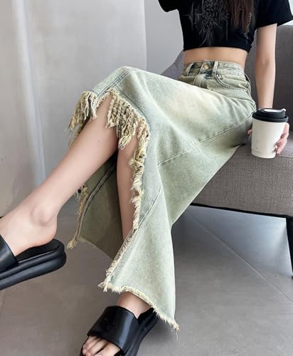 Women's Retro Denim Skirt High Waist Slim Irregular Tassel Hem Straight Casual Mid-Length A-Line Jeans Skirts4