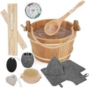 11 Pcs Sauna Accessories Set, Canadian Red Cedar 4L Wooden Sauna Bucket Kit