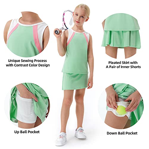 Droniring Youth Girls Tennis Golf Dress Outfit - Kids Sports Sleeveless Pleated Skirt And Tank Top With Pockets Shorts 3Pcs Set Age 6-12 Green #TOP5