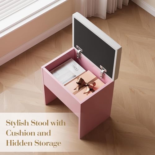 Fluted Makeup Vanity Desk with Mirror and LED Lights, Vanity Table with Storage Stool, Power Outlet, 2 Drawers, 3 Storage Shelves, Large Cabinet, Dressing Table and Chair for Bedroom Dressing Room