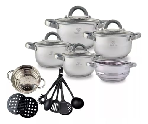 Conjunto De Panelas Aço Cirúrgico 19 Peças com Fundo Triplo Resistente Jogo de Panelas