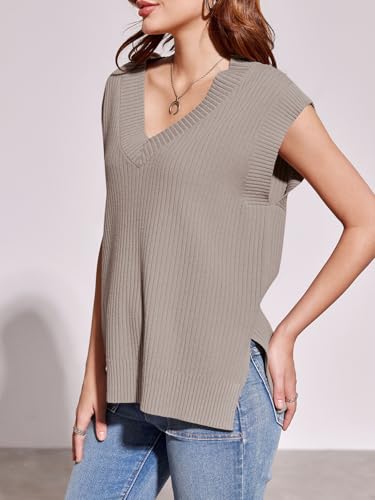 Image of Saodimallsu Womens V Neck Sweater Vest Oversized Ribbed Knit Sleeveless Casual Loose Fit Pullover Tank Top