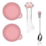 Picture of SJANE Cat Food Can Spoons & Can Lids | 4 Pcs | Multi-function Opener | Silicone Pet Food Covers | Stainless Steel Wet Food Spoon for Cats and Dogs(Pink)