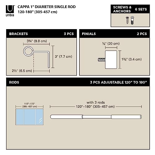 Umbra Cappa 1-Inch Curtain Rod, Includes 2 Matching Finials, Brackets & Hardware, 120 To 180-Inches, Black #TOP1