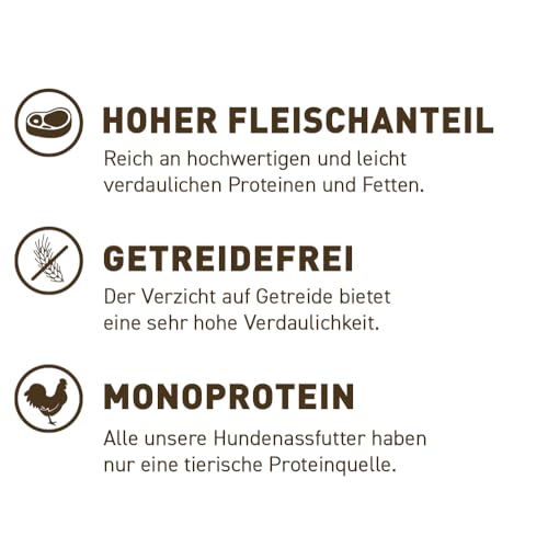 Wildes Land - Nassfutter für Hunde - Huhn PUR - 6 x 400 g - mit Distelöl - Getreidefrei - Extra hoher Fleischanteil von 70% - Beste Akzeptanz und Verträglichkeit