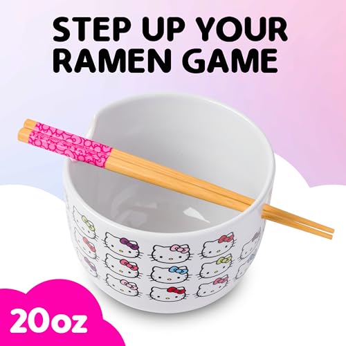 Silver Buffalo Sanrio Hello Kitty Face with Different Color Bows Pattern Ceramic Ramen Noodle Rice Bowl with Chopsticks, Microwave Safe, 20 Ounces — view 2