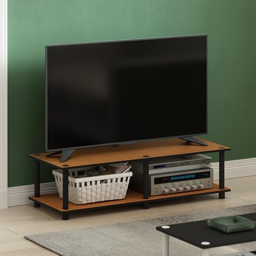 Image of Furinno JUST Toolless TV Stand, 2-Tier Wide Entertainment Center for TV up to 46 Inch, Open Shelf TV Console, for Living Room, Bedroom, Light Cherry