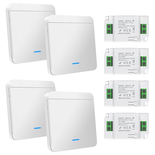 4 piezas de interruptor inalámbrico de luz 230V 10A, juego de interruptor inalámbrico de luz con receptor de control, interruptor de pared inalámbrico hasta 50m de alcance, pulsador inalámbrico de 200