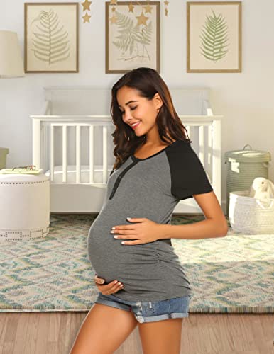 Ekouaer Maternity Shirts Nursing Tops Tunic Short Sleeve Henley Tunic T-Shirts Maternity Tees For Women Breastfeeding(Grey L) #TOP1