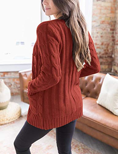 Merokeety Women's Long Sleeve Cable Knit Sweater Open Front Cardigan Button Loose Outerwear Rust #TOP1