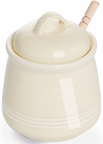 HAOTOP Olla de cerámica para miel con tapa y cuchara de miel, tarro de miel de porcelana fácil de limpiar y apto para lavavajillas, 12 onzas (beige)