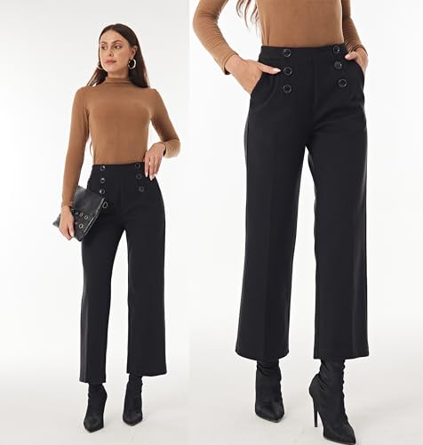 heipeiwa Women's Wool Blend Winter Fall Wide Leg Pull on High Waist Dress Business Casual Pants3