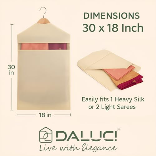 Image of DALUCI Cotton Hanging Saree Covers | Saree Bags for Storage with Zip | Large 30x18 Inch Wardrobe Organizer Clothes Storage Bags for Sarees, Lehengas & Blouses | (Without Hanger) (Pack of 6)
