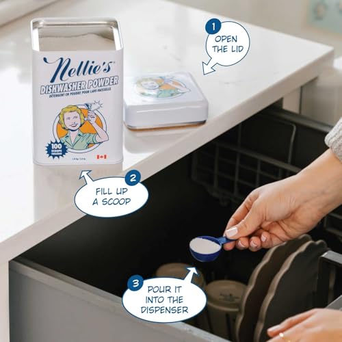Image of Nellie's Dishwasher Powder - Tough on Food Residue, Plant-Based Ingredients, Spotless Clean, High-Efficiency Dishwashing Solution - 100 Scoop Tin - (Made in Canada) | Plant-Based, Phosphate-Free & Septic-Safe, HE Compatible, Made in Canada