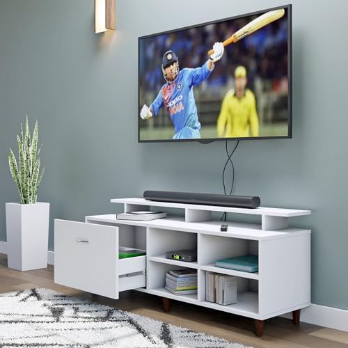 Image of VIKI Modern TV Unit for Living Room | Engineered Wood TV Cabinet with 1 Drawer Storage, 2 Open Shelves & Extension,Entertainment Unit, 140W x 48H x 40D cm | DIY | 1 Year Warranty (White)