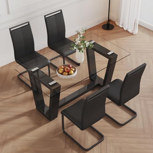 Ebullient Glass Dining Table Set for 4, Modern Dining Table Set for 4, Tempered Glass Tabletop with Black MDF Trapezoid Legs, Rectangle Kitchen Table with 4 Faux Leather Chairs for Home, Apartment