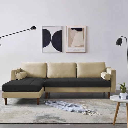 Image of Lezra LHS 4 Seater L Shape Sofa Set for Living Room (Cream Black Fabric) Premium Fabric Sofa