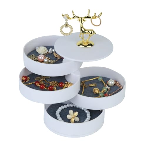 Raymorium Decorative Jewelry Storage Box with Gold Deer Topper, White Cylindrical Design