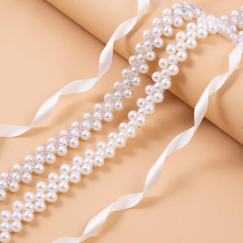 Pearl Bridal Belt Handmade Beaded Belt Wedding Belt on Both Sides,Pearl Crystal Sash for Wedding Dress Bridesmaid Flower Gril2