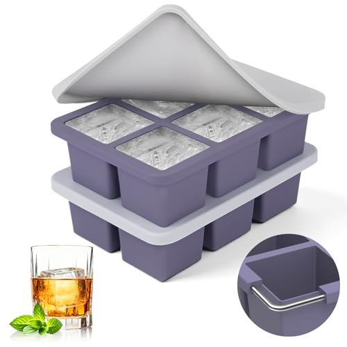 Image of mossime Silicone Ice Cube Tray: 2pack Square Whiskey Large Ice Cube Molds - Old Fashioned Ice Cube Trays with Lid - 2inch Easy Release Big Freezer Mold for Cocktail Baby Food Soup & Juice