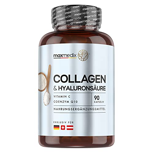 Kollagen Hyaluronsäure - 90 Kapseln - Angereichert mit 1200 mg Collagen, 120mg Vitamin C, 105mg Hyaluron, Coenzm Q10 & Zink - Laborgeprüft in Deutschland - NatiCol Typ 1 Meereskollagen - von maxmedix Cover