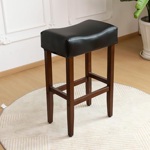 Image of 4 PCS Waterproof Rectangular Bar Stool Covers 14x18X4 Faux Leather Stretch Rectangle Saddle Stool Covers Heavy-Duty for Kitchen Counter & Lab Washable-Black