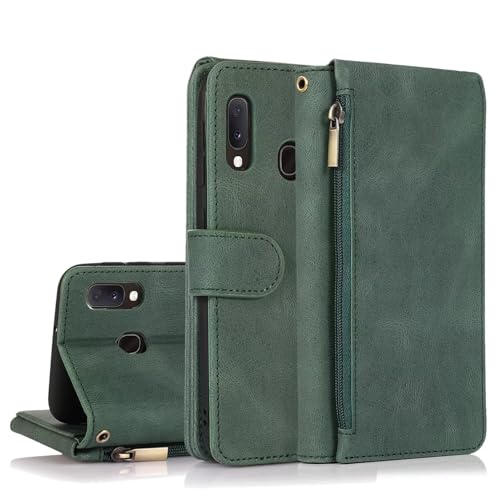 SsHhUu Custodia a portafoglio per Samsung Galaxy A50/A50S/A30S 6.4",in morbida pelle PU,con cuciture a cerniera,con cinturino da polso,Slot per schede e supporto,Antiurto Protettiva Cover,Verde scuro