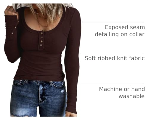 Image of KINLONSAIR Women Long Sleeve Henley Shirts Scoop Neck T-shirt Basic Tops | Lightweight Soft Ribbed Knit Tees, Casual Tunics,Slim Fit Button Up Top,Spring Outfits, Fall Winter Layering,Daily Wear