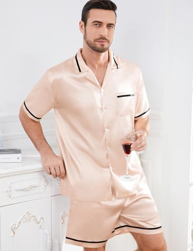 SWOMOG Men Satin Silk Pajamas Sets with Pockets Button-Down PJs Sets Short Sleeve Classic Sleepwear 2 Piece Loungewear3