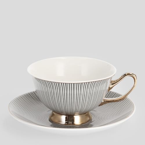 home&you - Teetasse Dottie mit Untertasse, 190ml, New Bone China Porzellan, Kaffeebecher, Teebecher, Espressotasse, Cappuccino Tasse, Geschirr Set - Schwarz