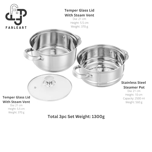 Image of Stainless Steel 2 Tier Steamer Set with Glass Lid | Pasta Steamer | Vegetable Steamer | Momo Steamer | Rice Steamer; 20 cm (Sandwich bottom)