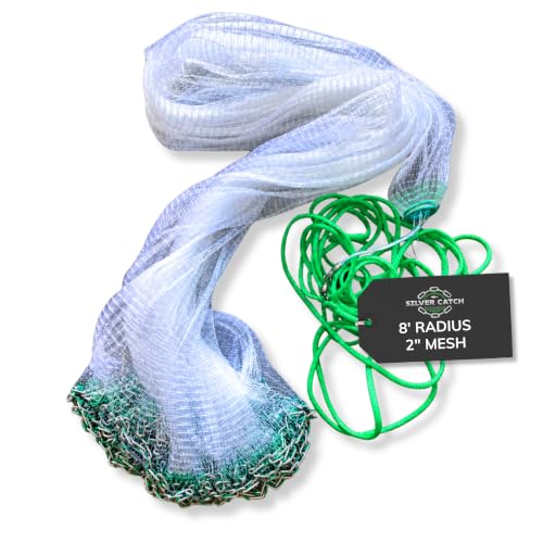 Cast Net for Fishing, Chain Bottom, 4.5 ft to 10 ft Radius | 3/8 in to 2 in Mesh, Weighted Chain Bottom, Japanese Monofilament Mesh, Six-Panel Design, Throw Cast Net for Bait Fish